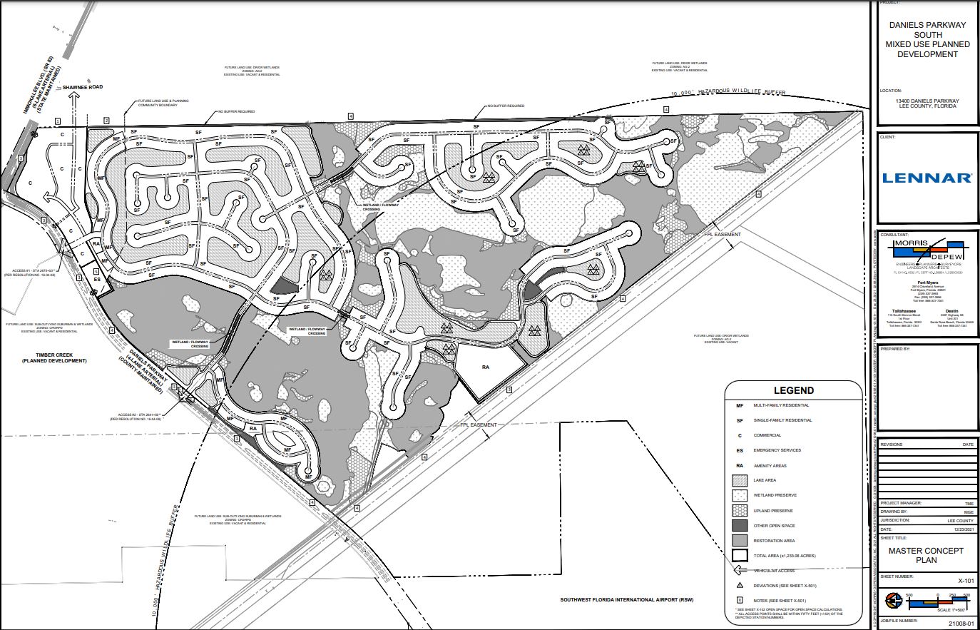 Master concept plan of Daniels Parkway South Mixed Use Planned Development (Daniels Creek), 13400 Daniels Parkway, Lee County, prepared for Lennar